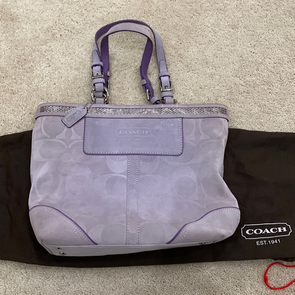 Lavender suede Coach tote bag with silver beaded trim